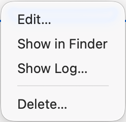 Right-click menu for a game: Edit, Show in Finder, Show Log and Delete.