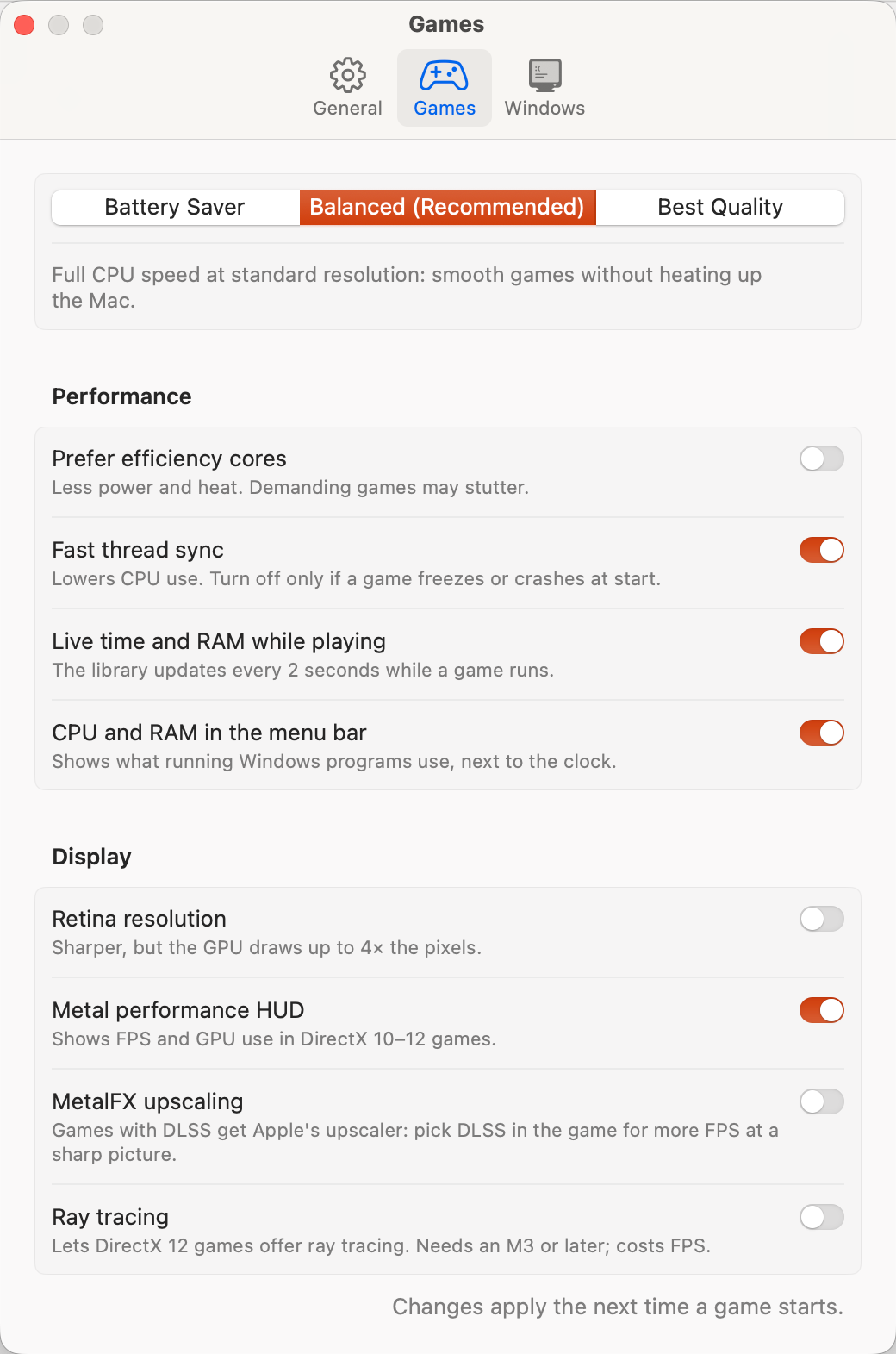 Games settings: Battery Saver, Balanced and Best Quality presets, performance toggles, Retina, Metal HUD, MetalFX upscaling and ray tracing.