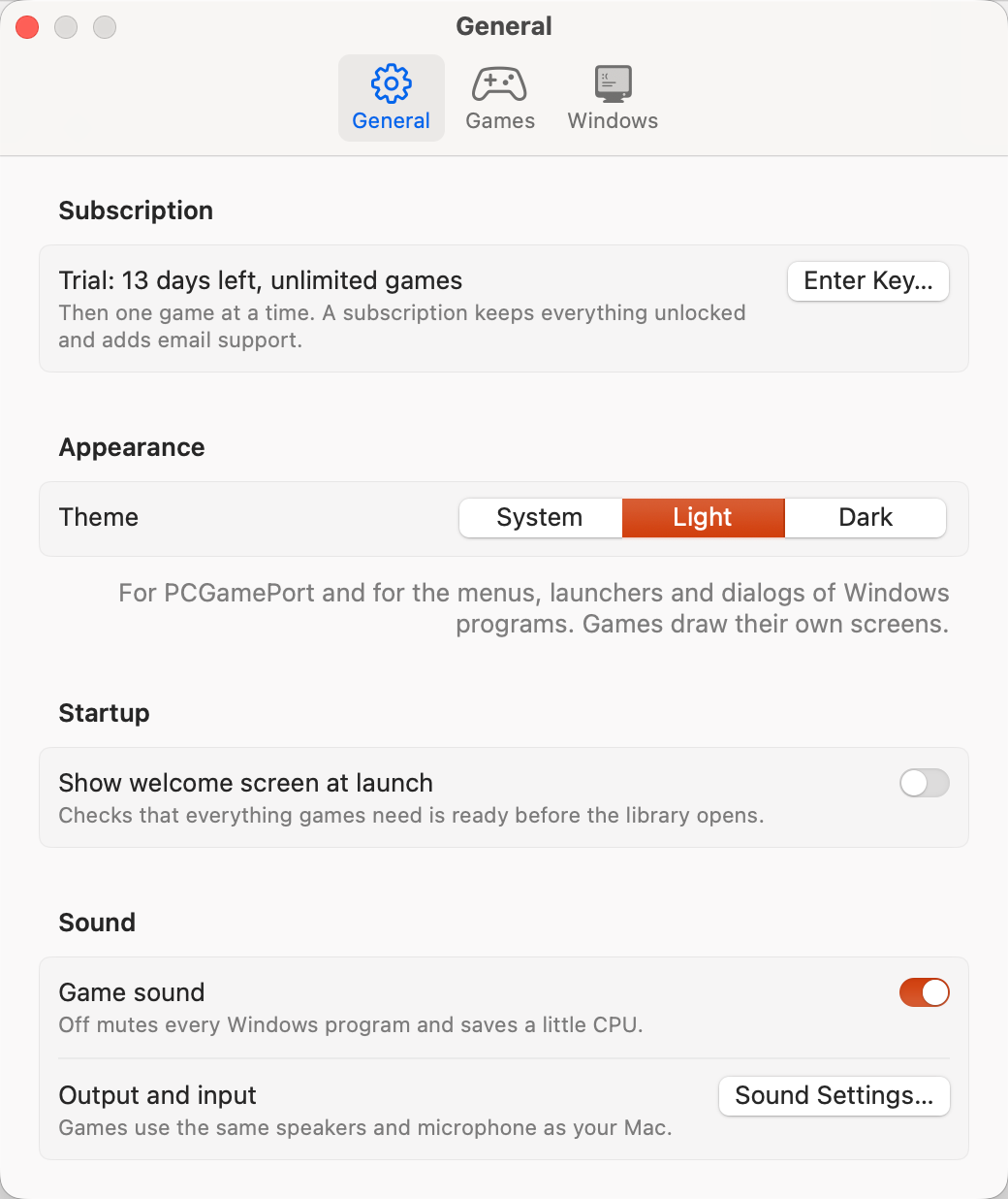 General settings: subscription status, light or dark theme, welcome screen and game sound.